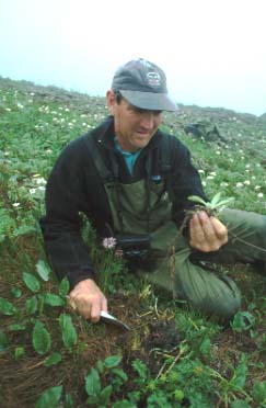 David Rimlinger checking likely food plants of Sclater's Monal, Zhiziluo, Fugong. 
